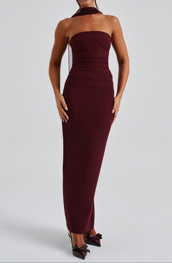 Women's Race Dress with Sheer Sleeves & Scarf Detail | Maxi