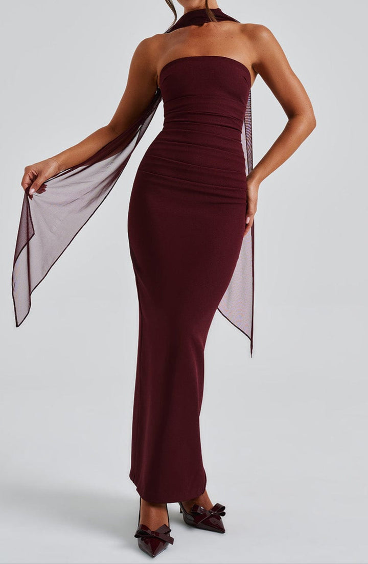 Women's Race Dress with Sheer Sleeves & Scarf Detail | Maxi