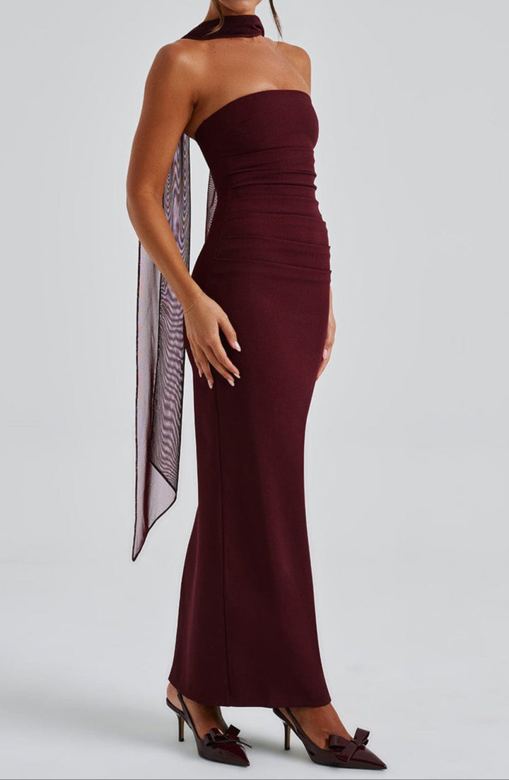 Women's Race Dress with Sheer Sleeves & Scarf Detail | Maxi