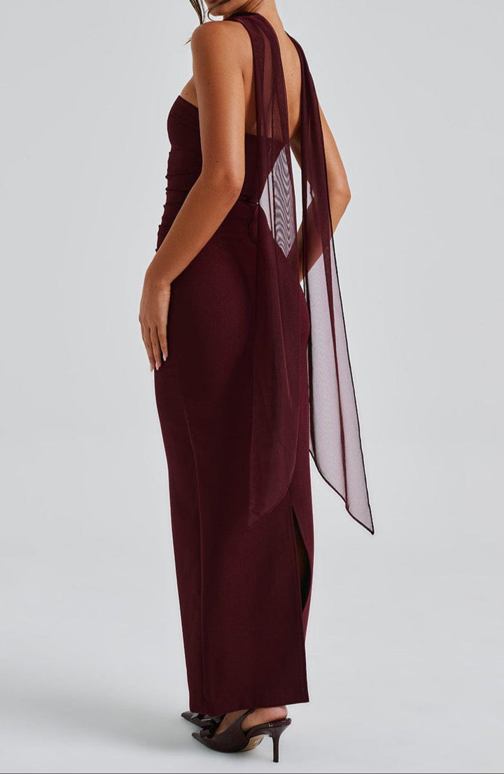 Women's Race Dress with Sheer Sleeves & Scarf Detail | Maxi