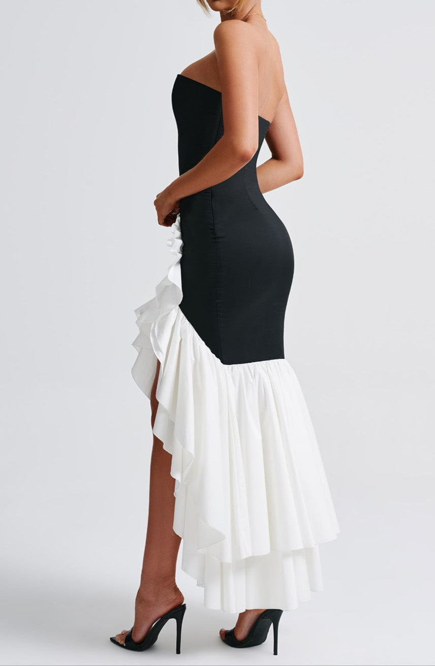 Women's Race Dress with Strapless Ruffle Train | Maxi
