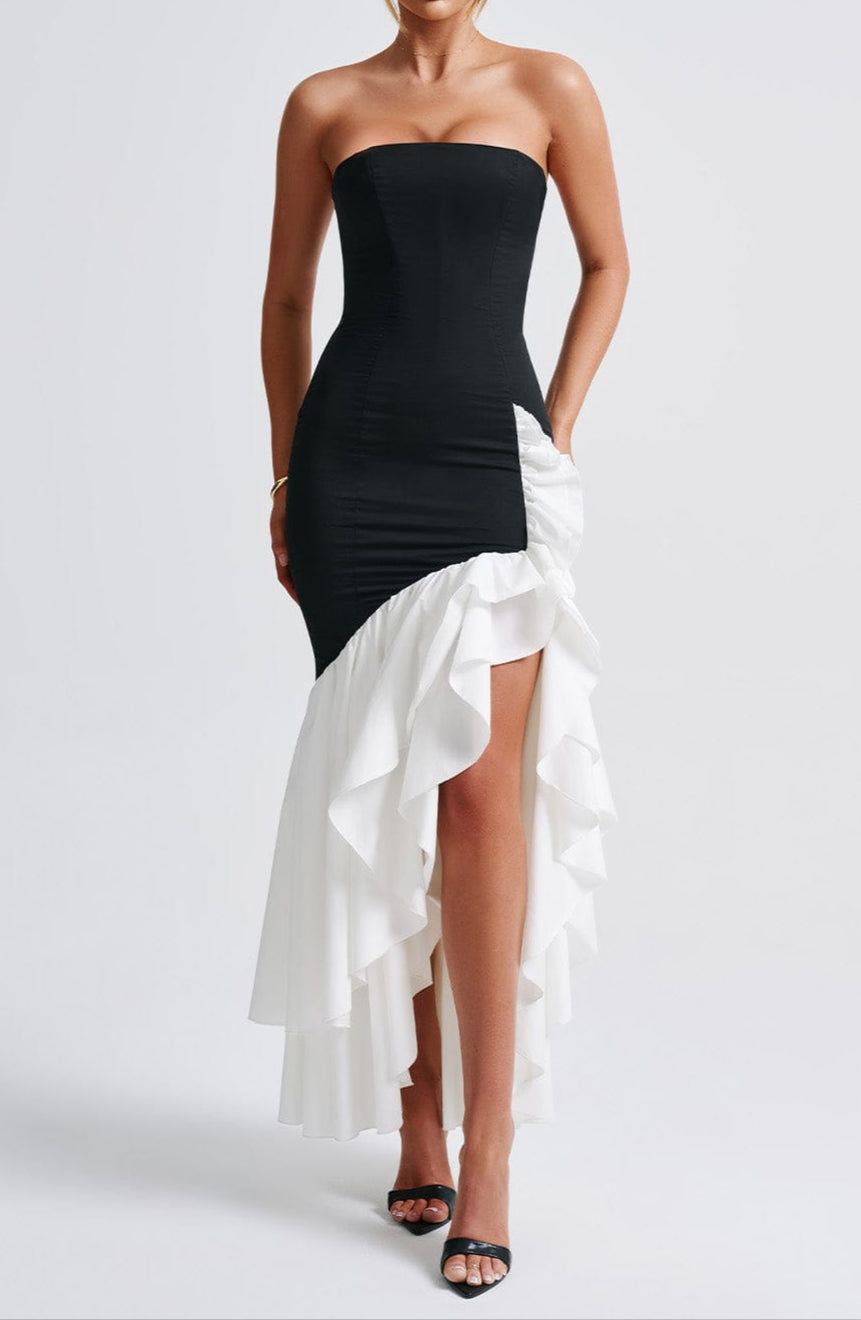 Women's Race Dress with Strapless Ruffle Train | Maxi