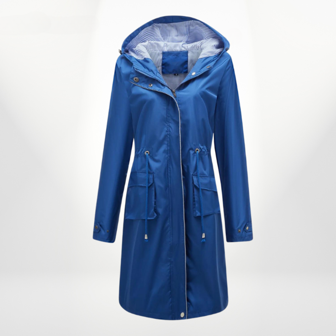 Women's Rain Jacket Long with Hood & Drawstring Waist | Zip Up