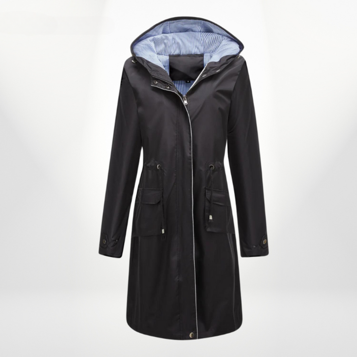 Women's Rain Jacket Long with Hood & Drawstring Waist | Zip Up