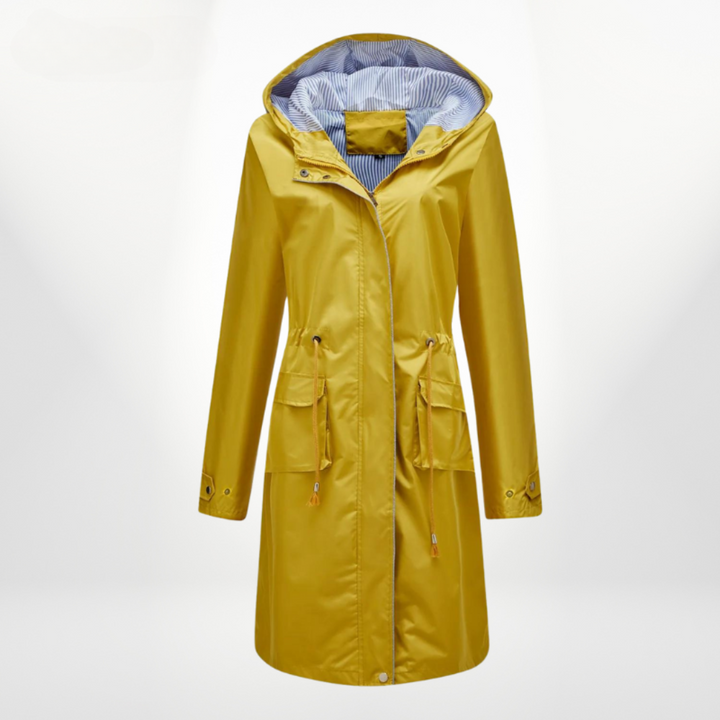 Women's Rain Jacket Long with Hood & Drawstring Waist | Zip Up