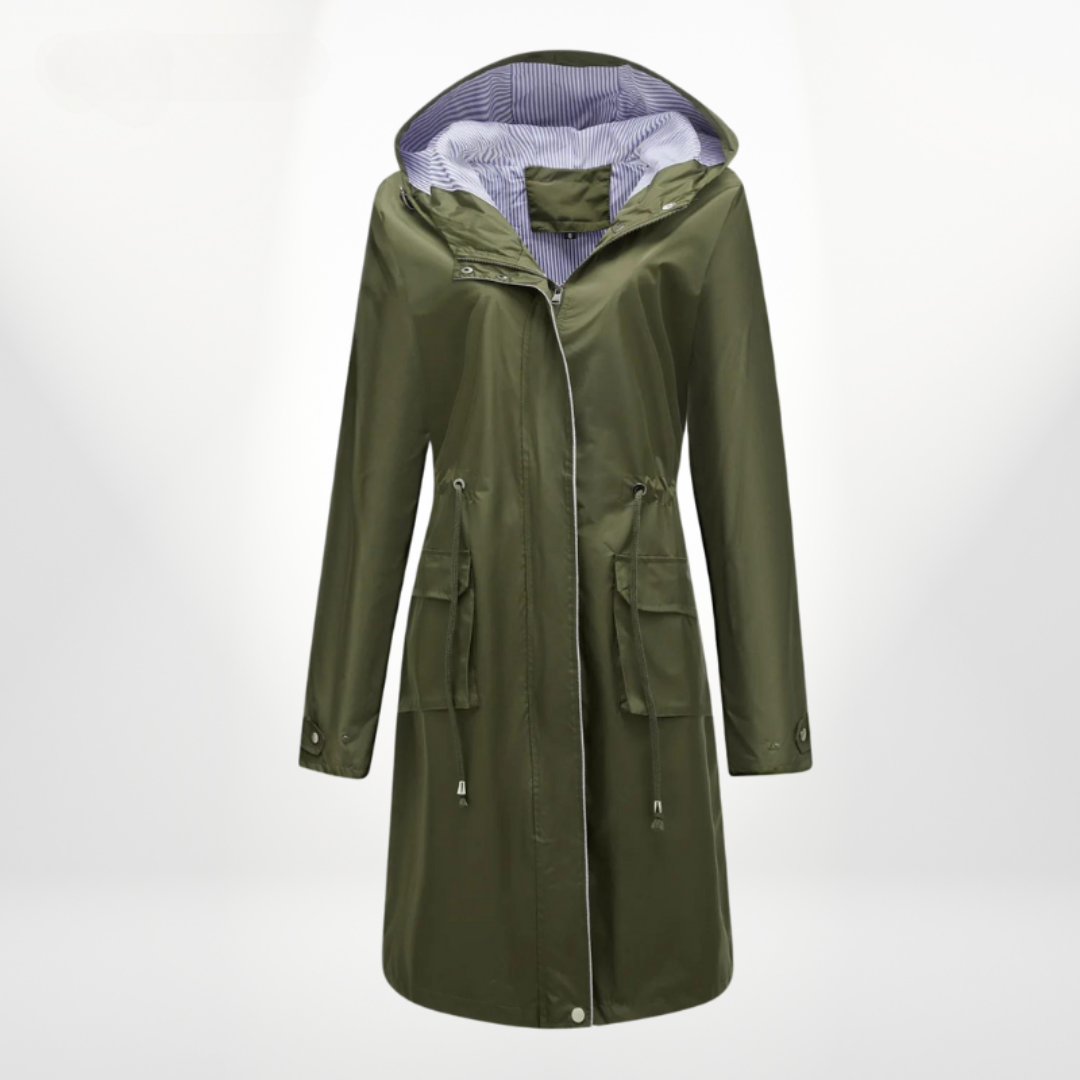 Women's Rain Jacket Long with Hood & Drawstring Waist | Zip Up