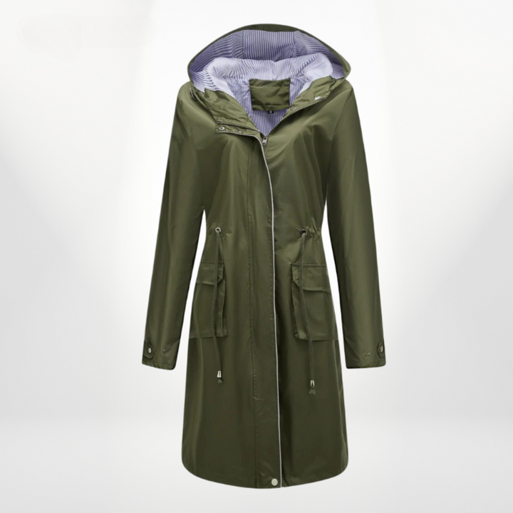 Women's Rain Jacket Long with Hood & Drawstring Waist | Zip Up