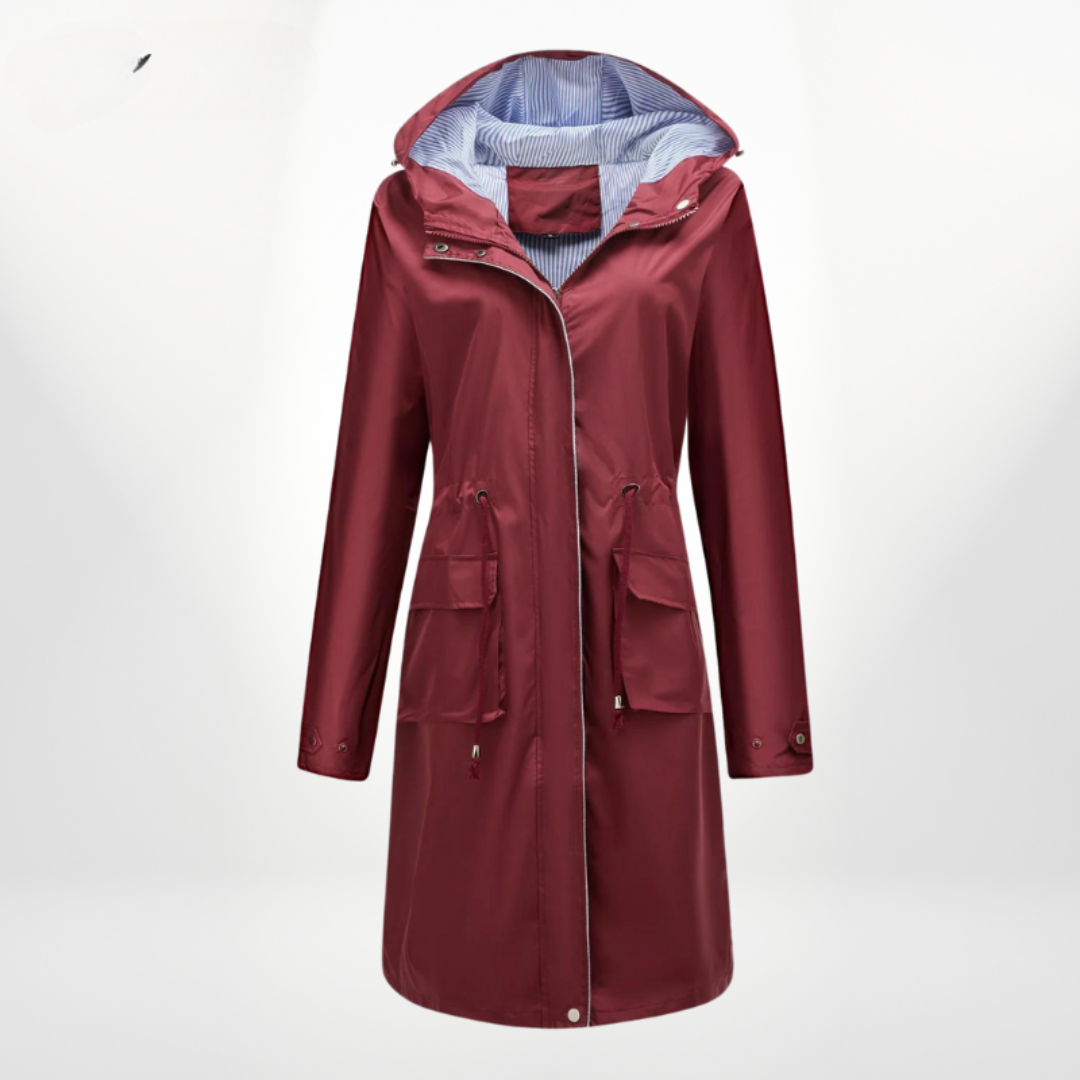 Women's Rain Jacket Long with Hood & Drawstring Waist | Zip Up