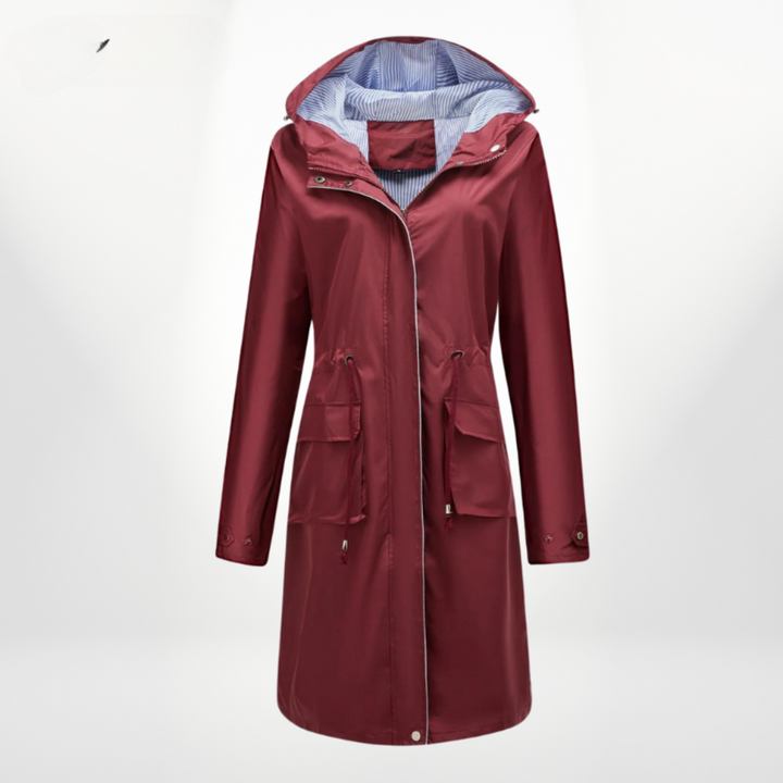 Women's Rain Jacket Long with Hood & Drawstring Waist | Zip Up