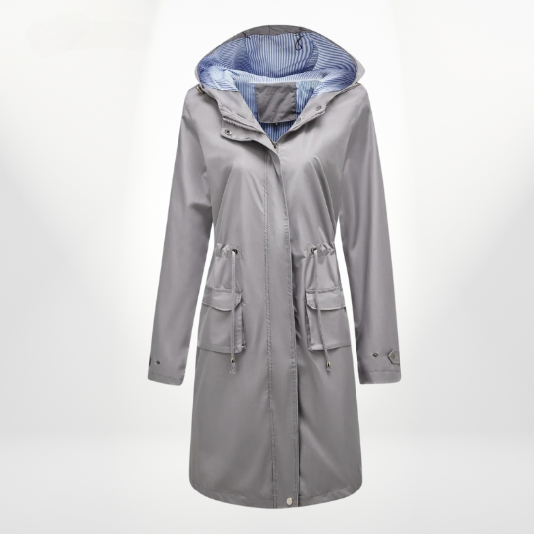 Women's Rain Jacket Long with Hood & Drawstring Waist | Zip Up