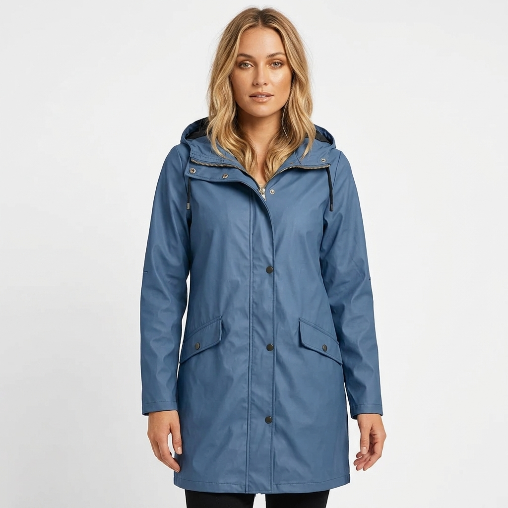 Women's Rain Jacket with Drawstring Hood & Snap Buttons | Long