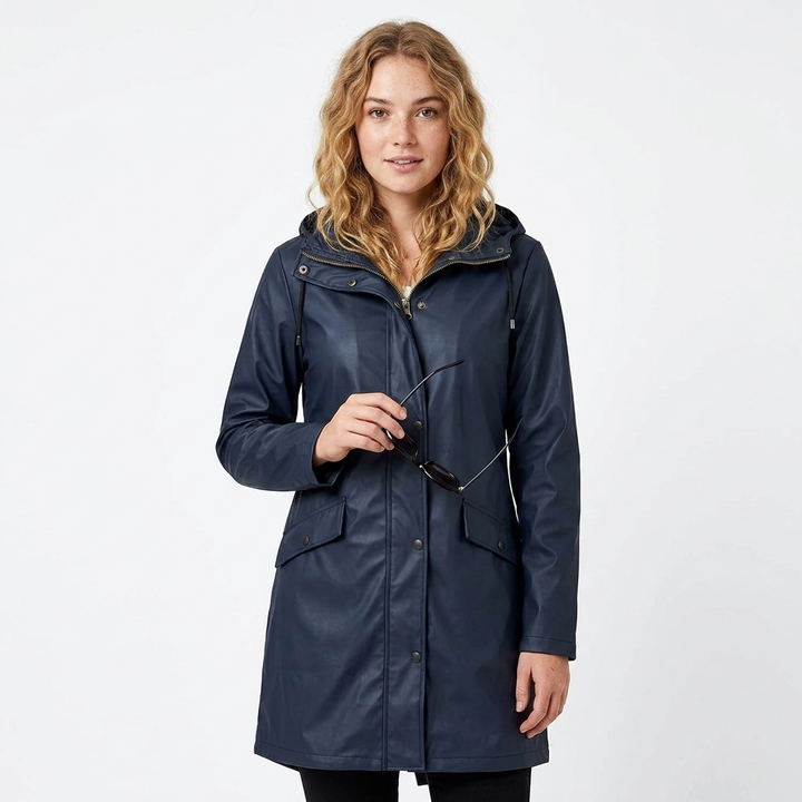 Women's Rain Jacket with Drawstring Hood & Snap Buttons | Long