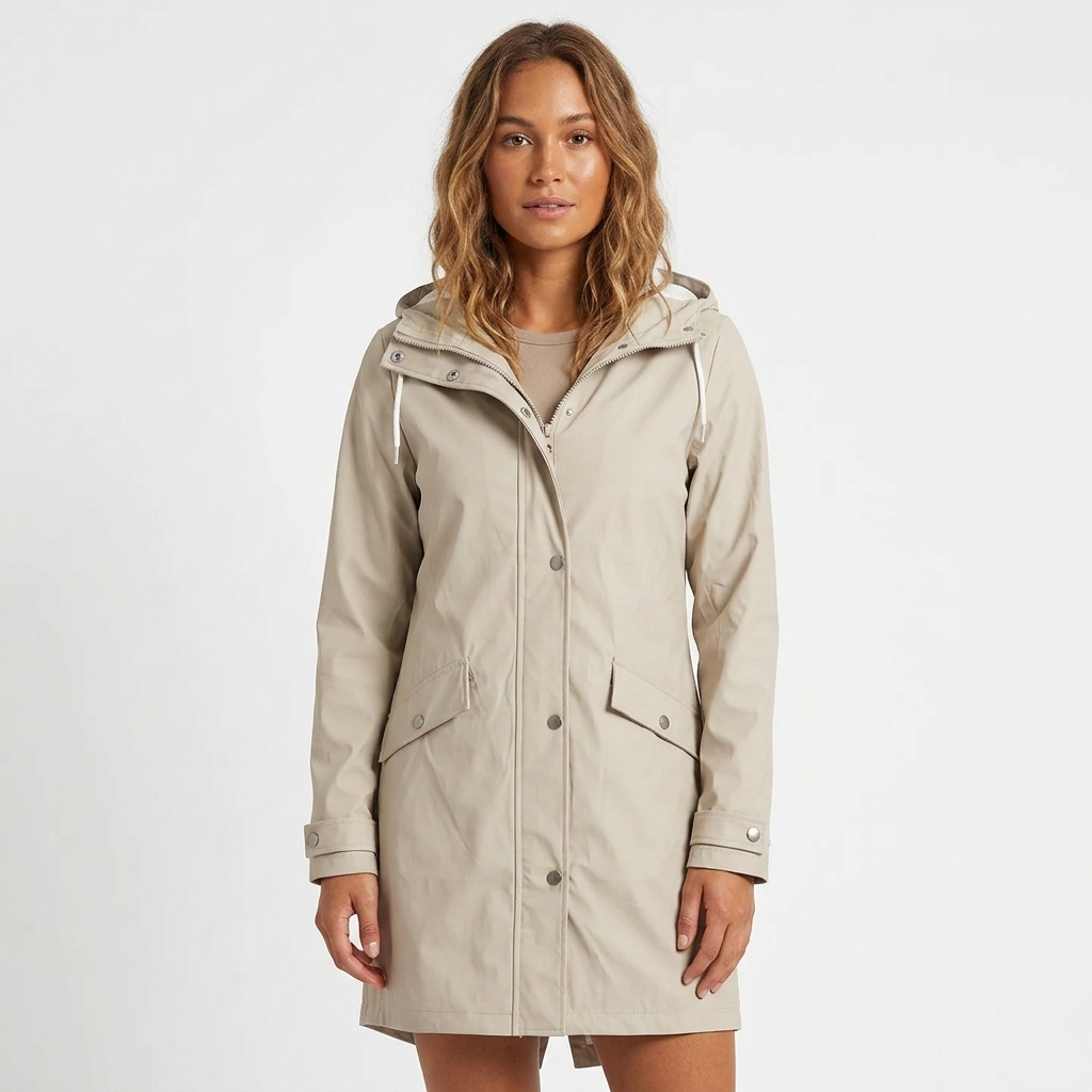 Women's Rain Jacket with Drawstring Hood & Snap Buttons | Long