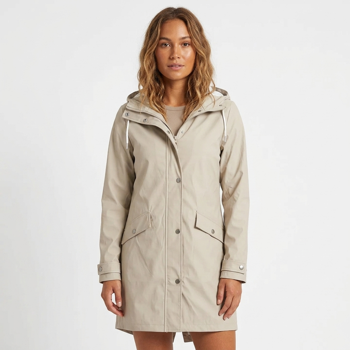 Women's Rain Jacket with Drawstring Hood & Snap Buttons | Long