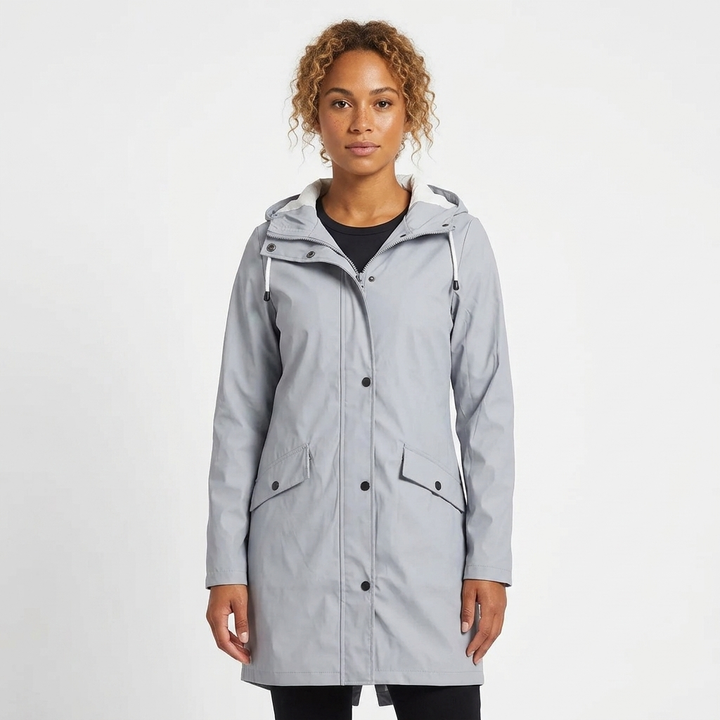 Women's Rain Jacket with Drawstring Hood & Snap Buttons | Long