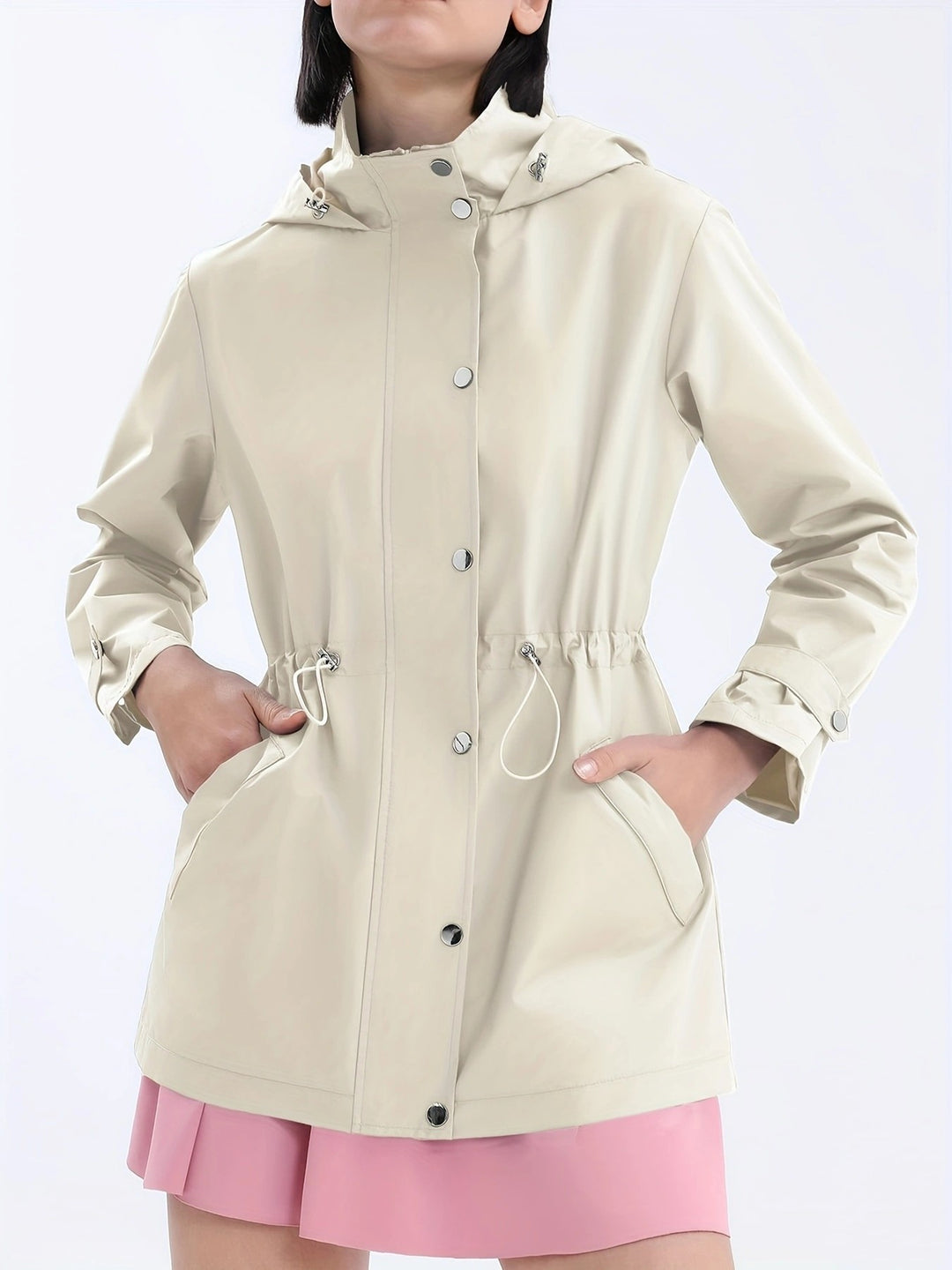 Women's Rain Jacket with Drawstring Waist & Hooded Design | Snap Front