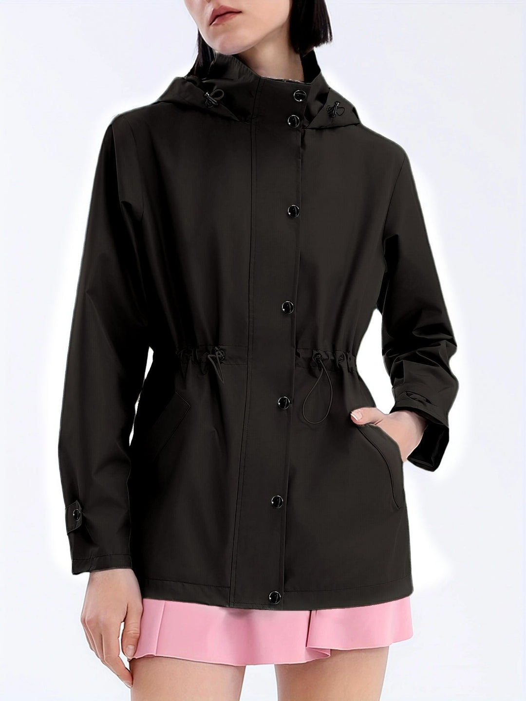 Women's Rain Jacket with Drawstring Waist & Hooded Design | Snap Front