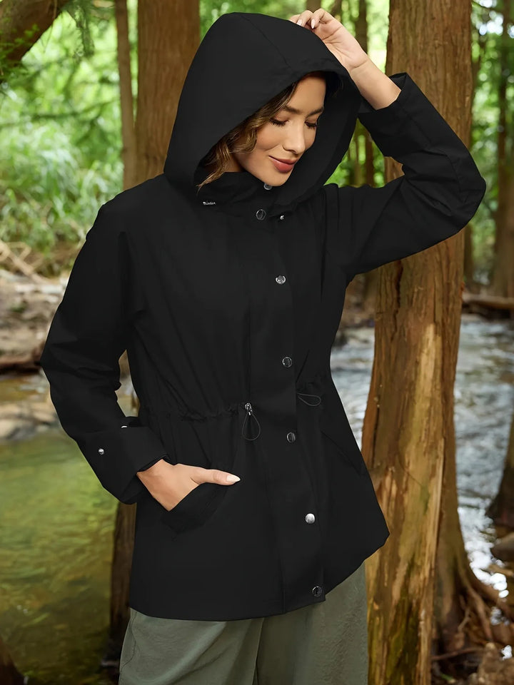 Women's Rain Jacket with Drawstring Waist & Hooded Design | Snap Front