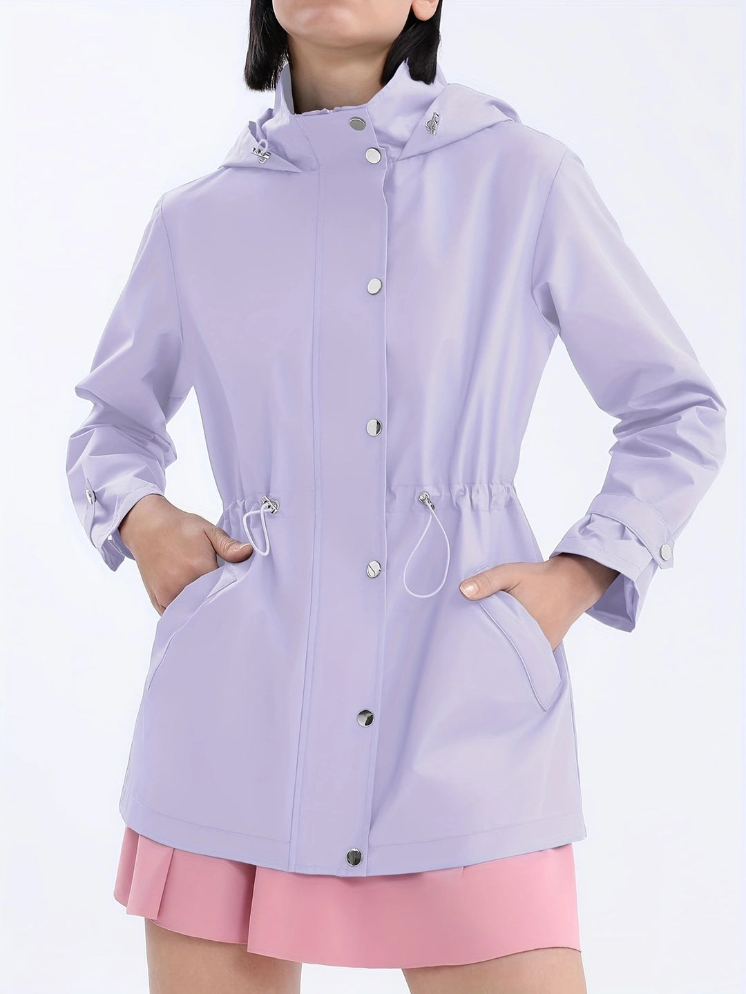 Women's Rain Jacket with Drawstring Waist & Hooded Design | Snap Front