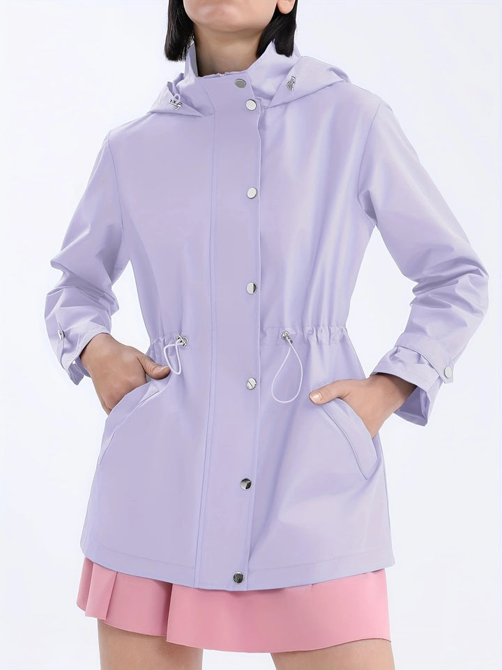 Women's Rain Jacket with Drawstring Waist & Hooded Design | Snap Front