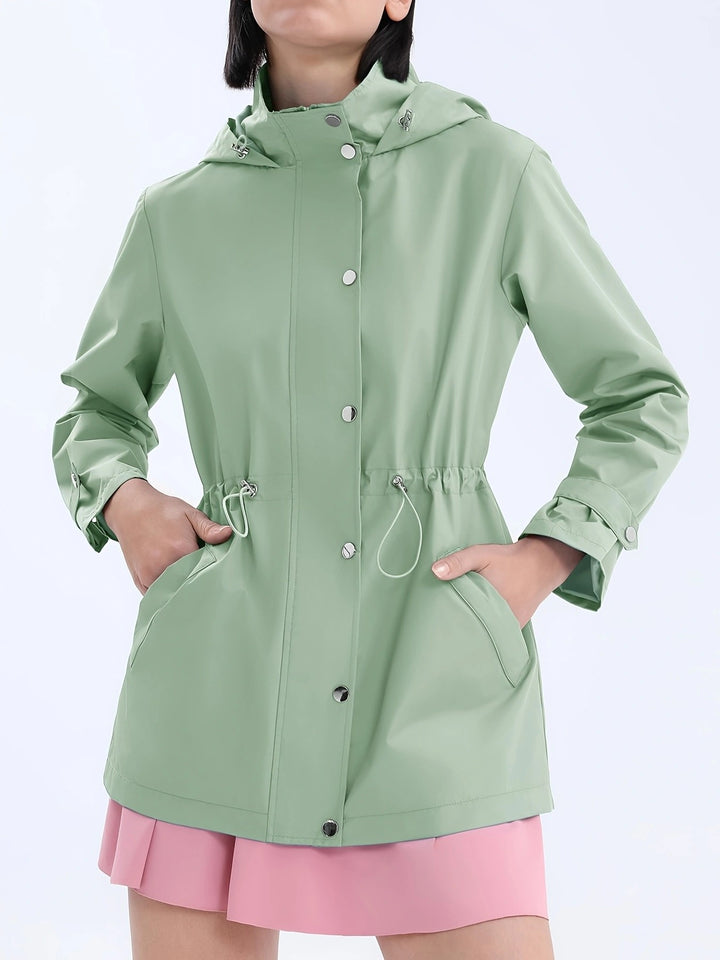 Women's Rain Jacket with Drawstring Waist & Hooded Design | Snap Front