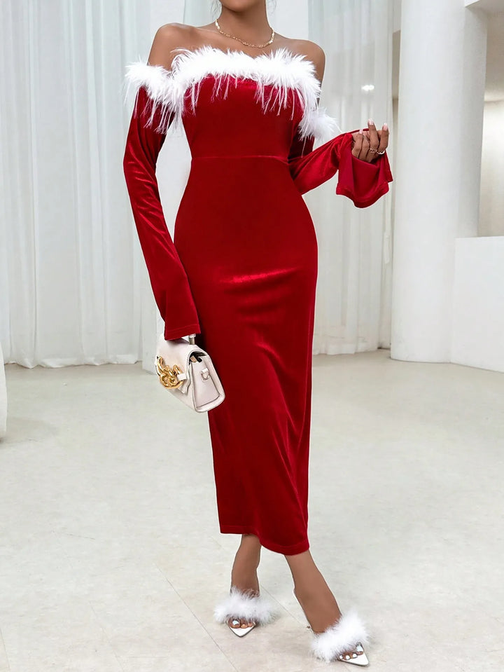 Women’s Red Christmas Dress Off Shoulder with Back Slit | Midi