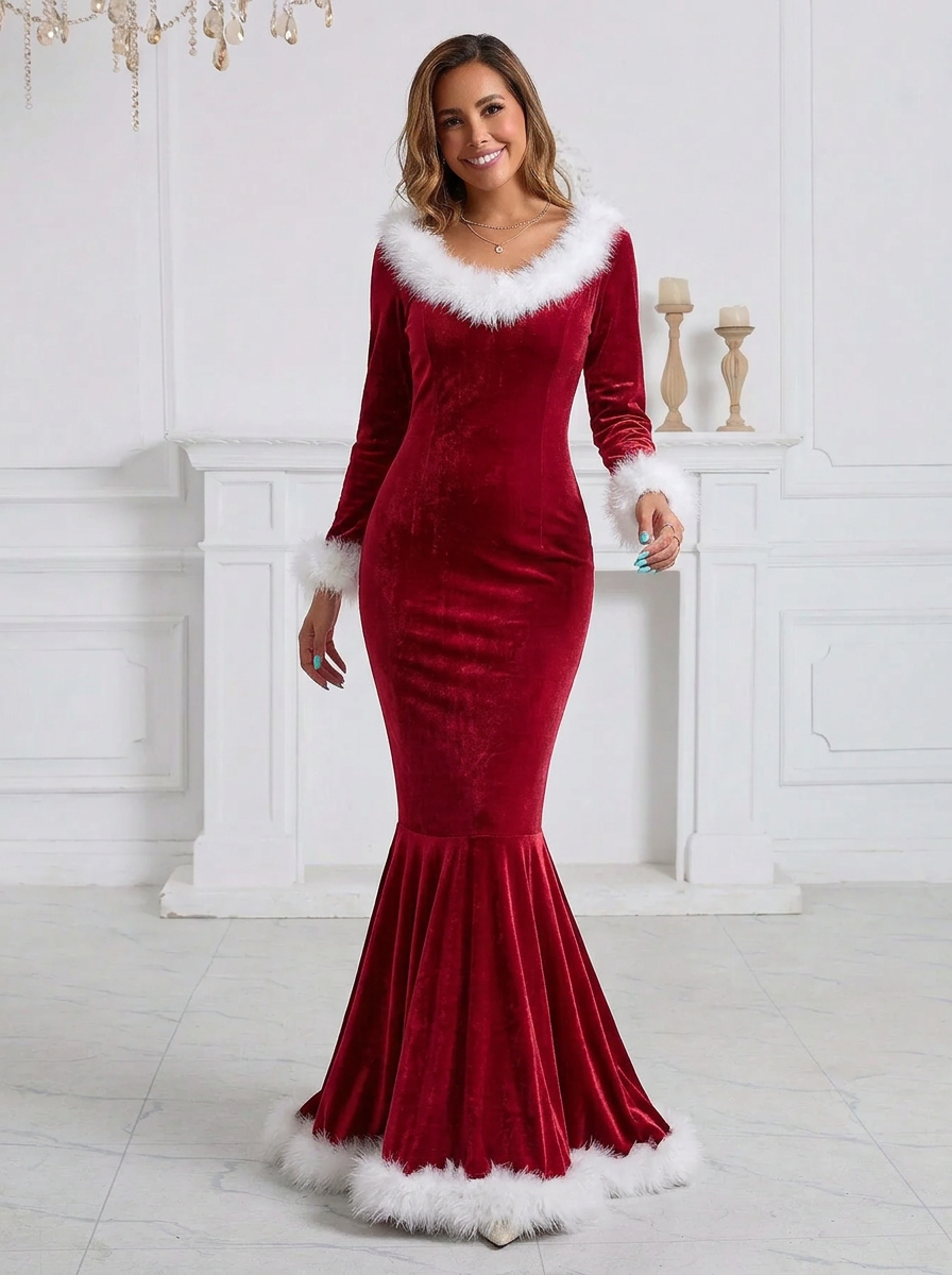 Women’s Red Christmas Dress with Long Sleeves | Maxi