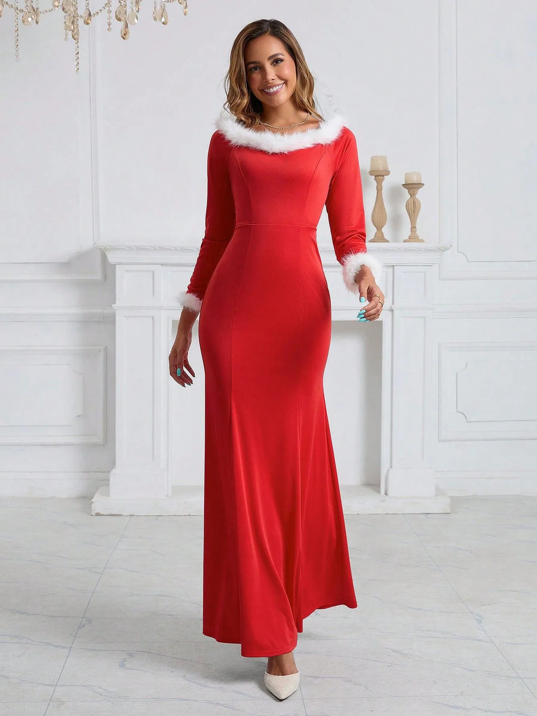 Women’s Red Christmas Dress with Long Sleeves | Maxi