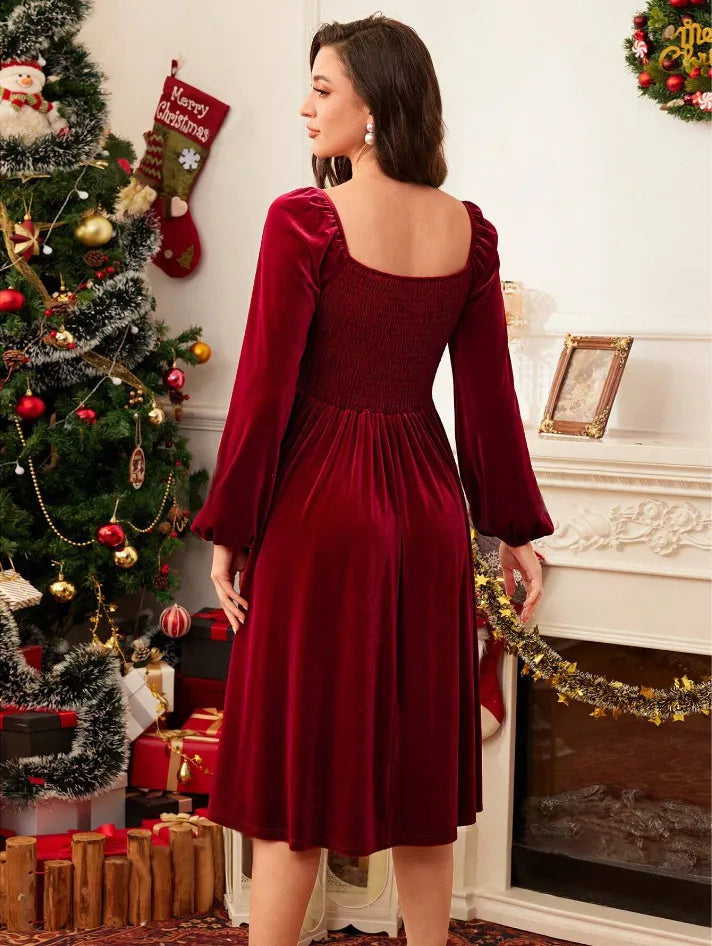 Women’s Red Christmas Dress with Sweetheart Neck | Midi