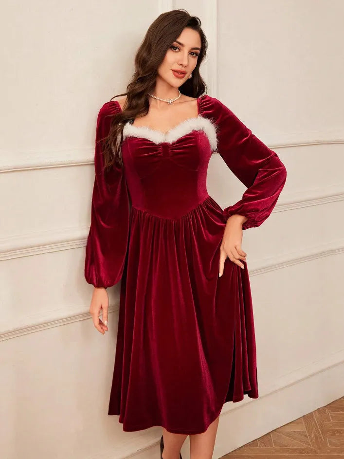 Women’s Red Christmas Dress with Sweetheart Neck | Midi
