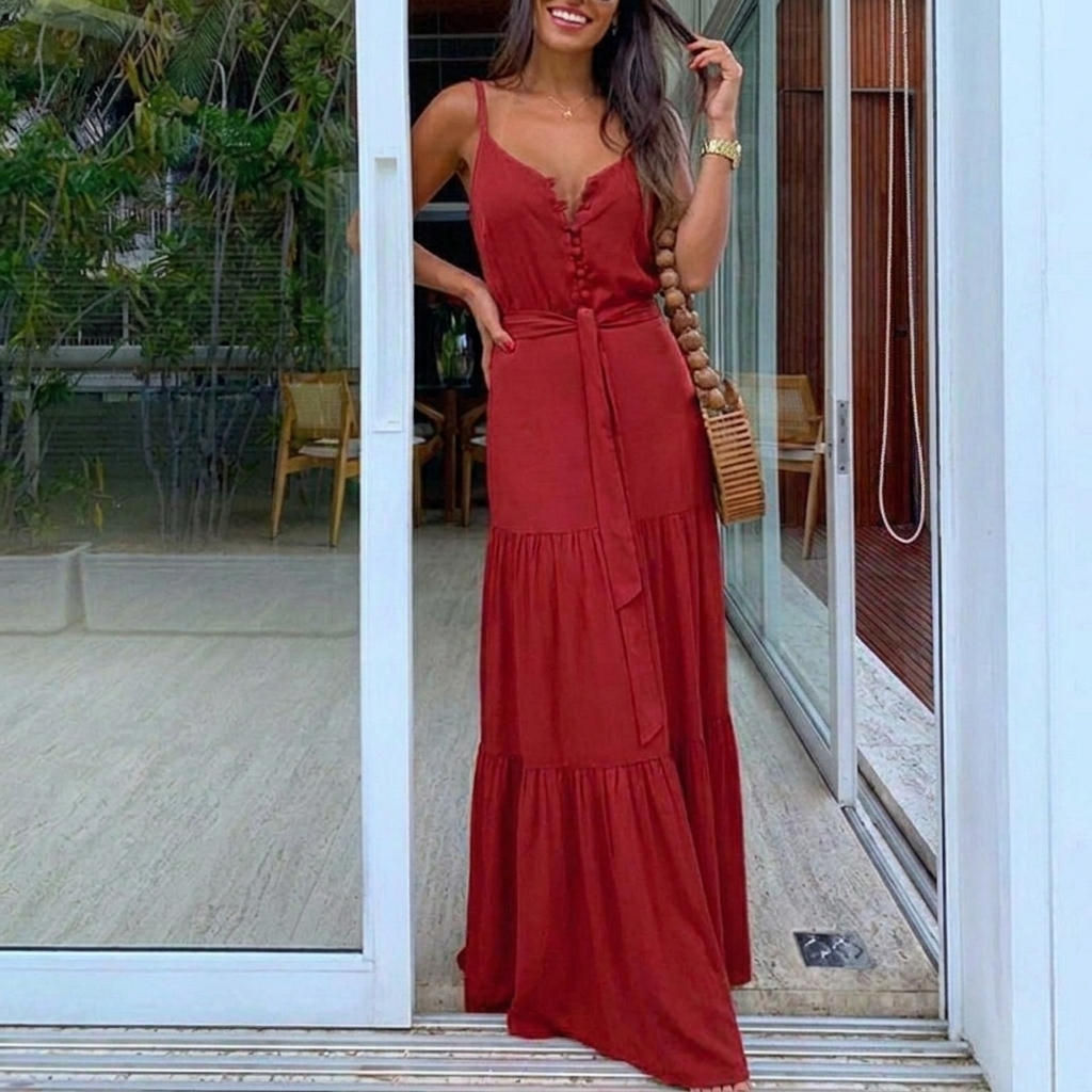 Women's Red Dress Button Front Tie Strap | Maxi