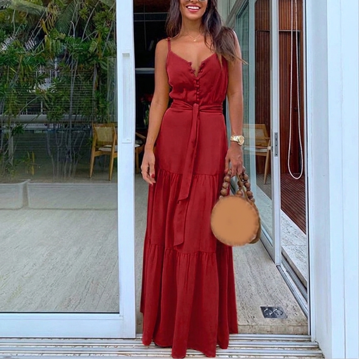 Women's Red Dress Button Front Tie Strap | Maxi