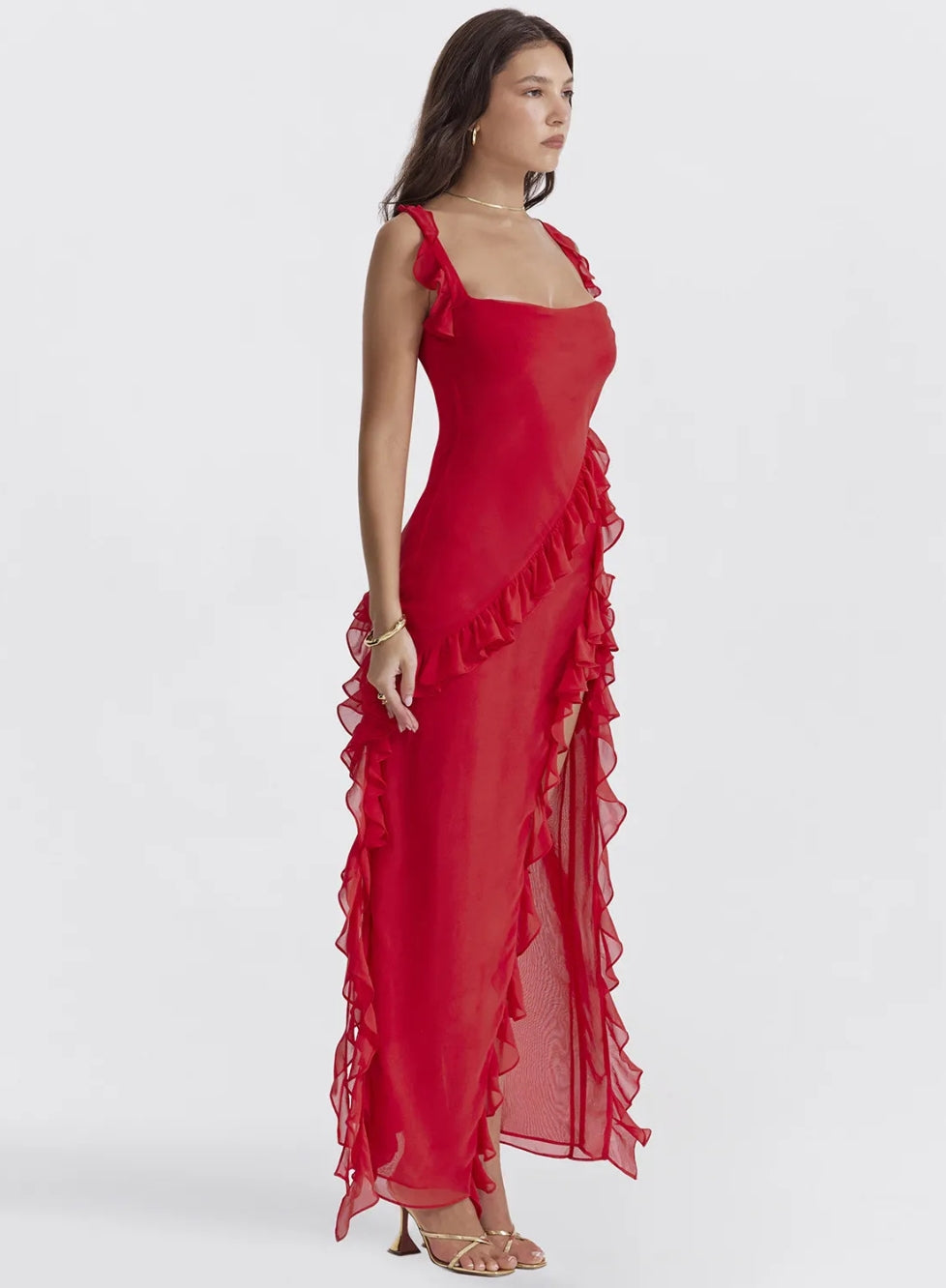 Women's Red Dress Maxi with Side Slit | Ruffle Trim