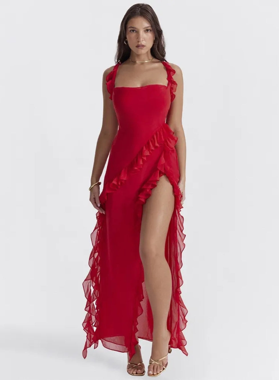 Women's Red Dress Maxi with Side Slit | Ruffle Trim