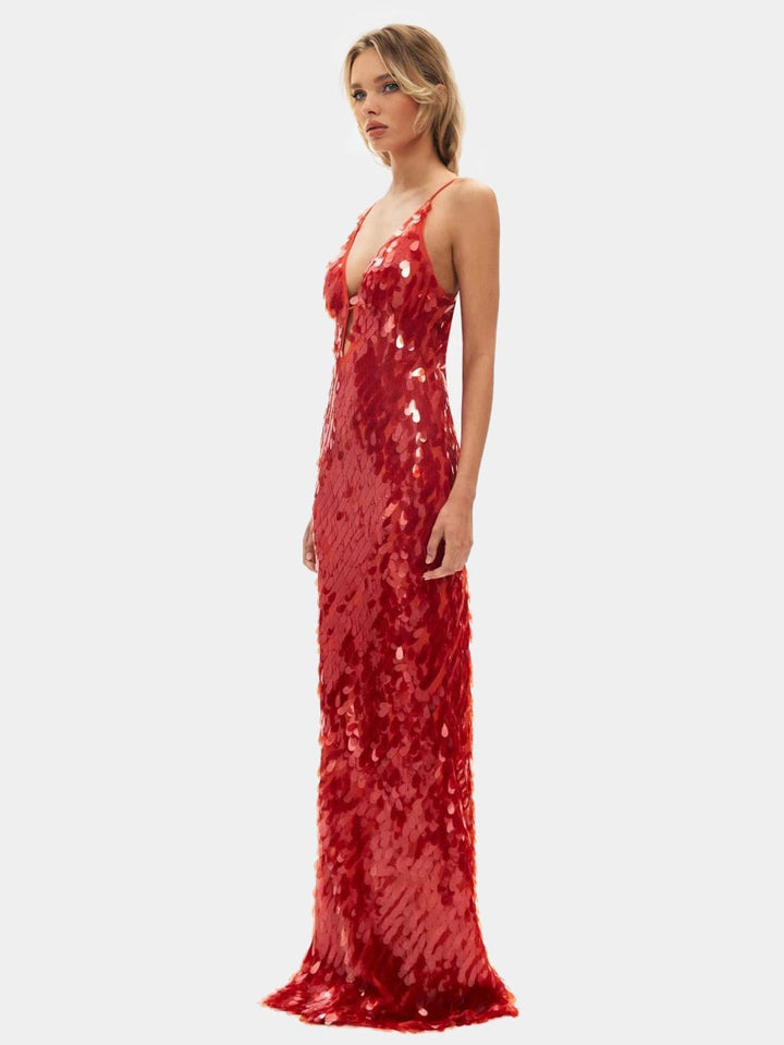 Women's Red Dress Sequin with V-Neck | Evening