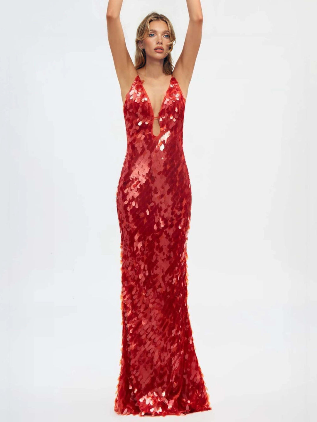 Women's Red Dress Sequin with V-Neck | Evening