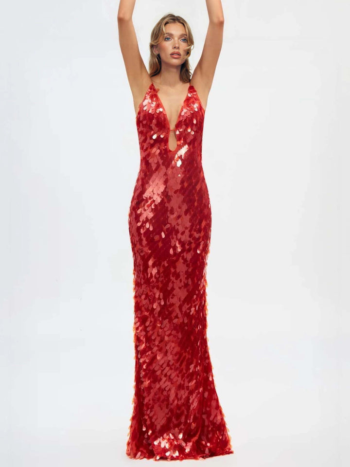 Women's Red Dress Sequin with V-Neck | Evening