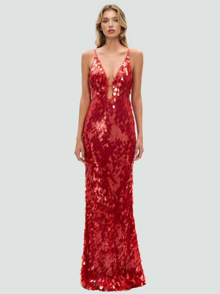 Women's Red Dress Sequin with V-Neck | Evening