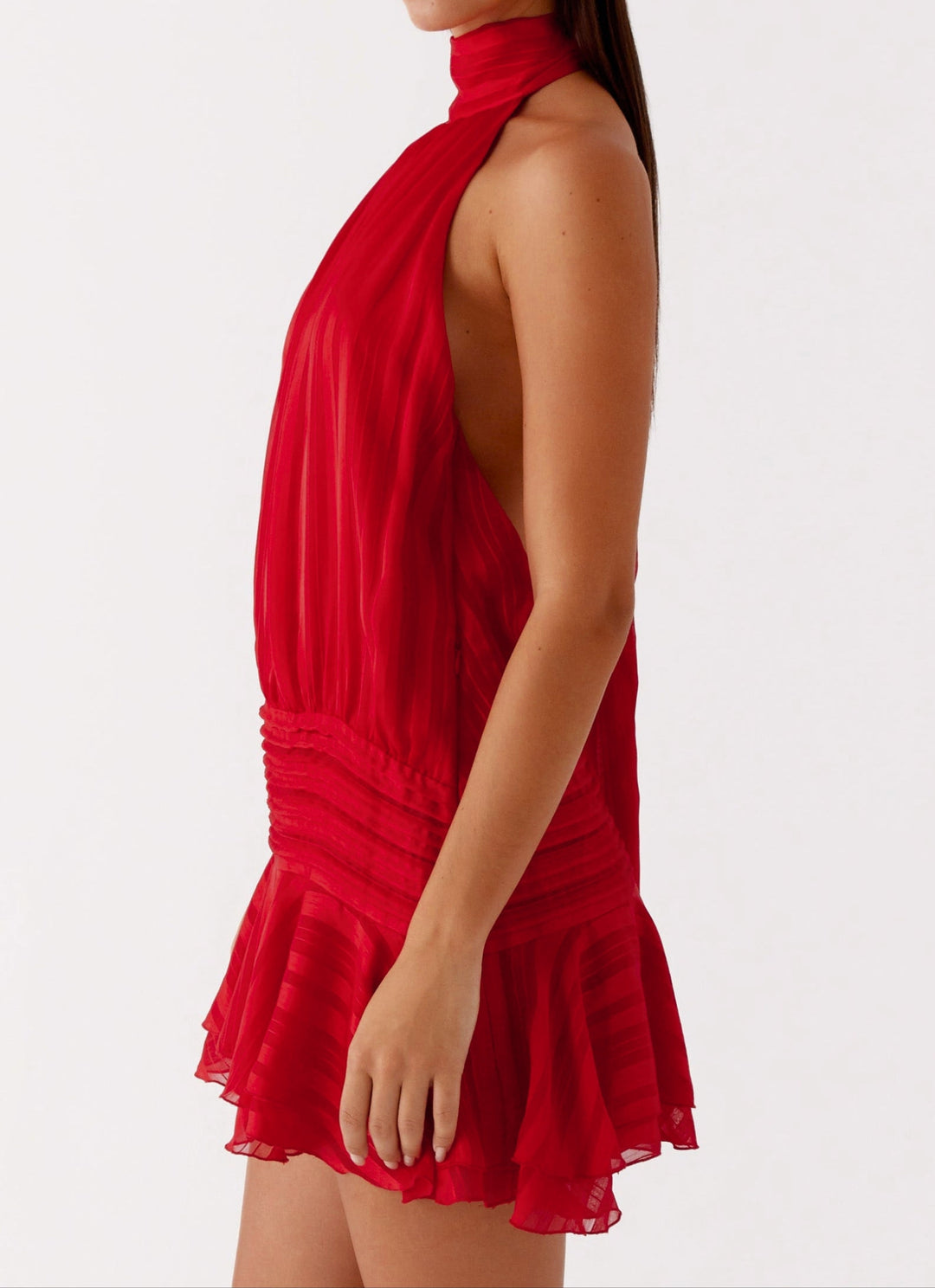 Women's Red Dress with Halter Neck & Ruffle Hem | Party Mini