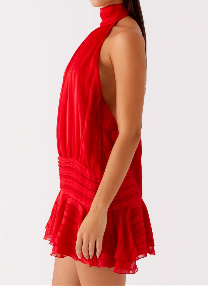 Women's Red Dress with Halter Neck & Ruffle Hem | Party Mini