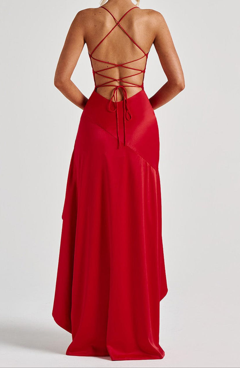 Women's Red Dress with Lace-Up Back & High Low | Evening