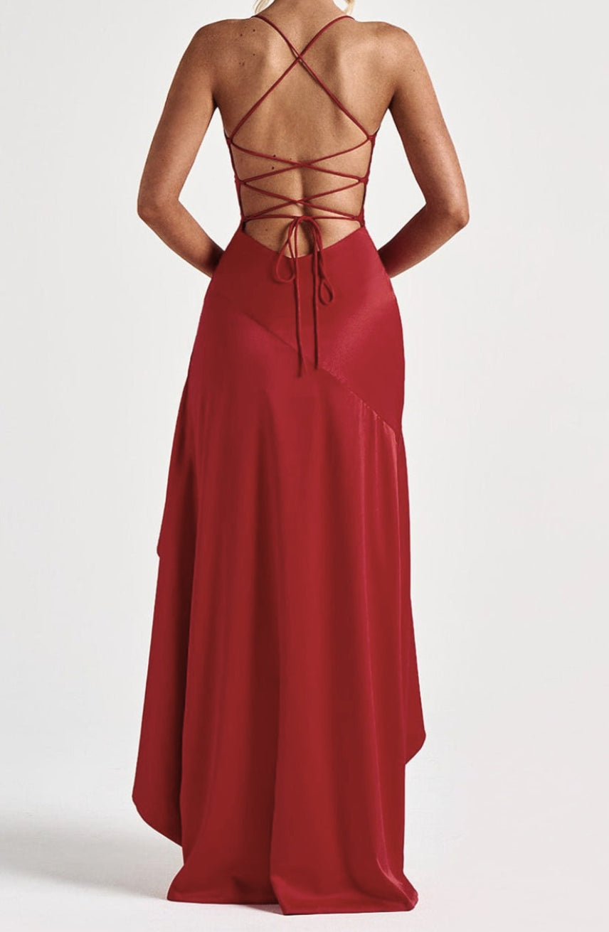 Women's Red Dress with Lace-Up Back & High Low | Evening
