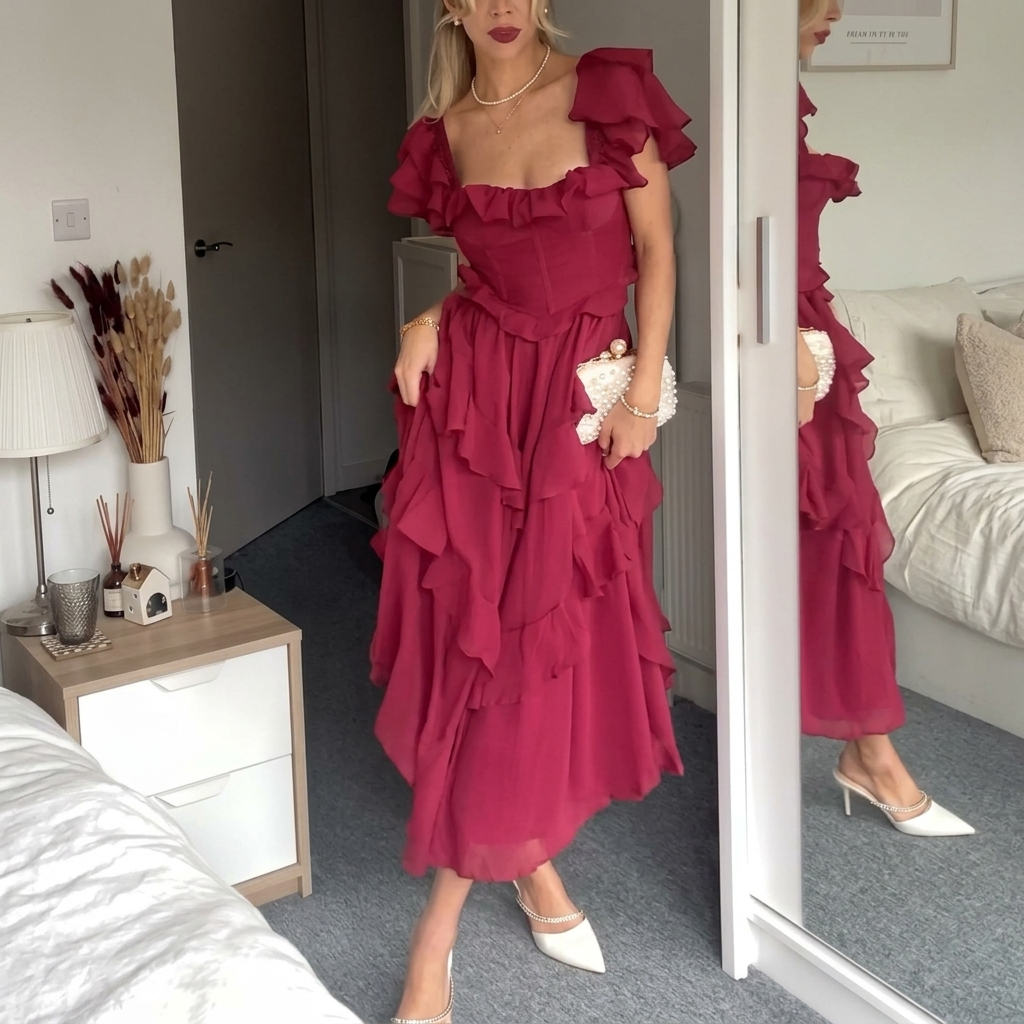 Women's Red Dress with Ruffle & Tiered Skirt | Evening Midi