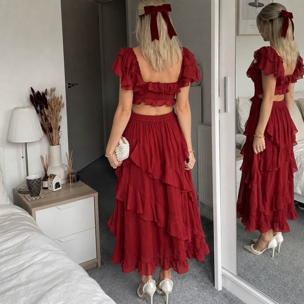 Women's Red Dress with Ruffle & Tiered Skirt | Evening Midi