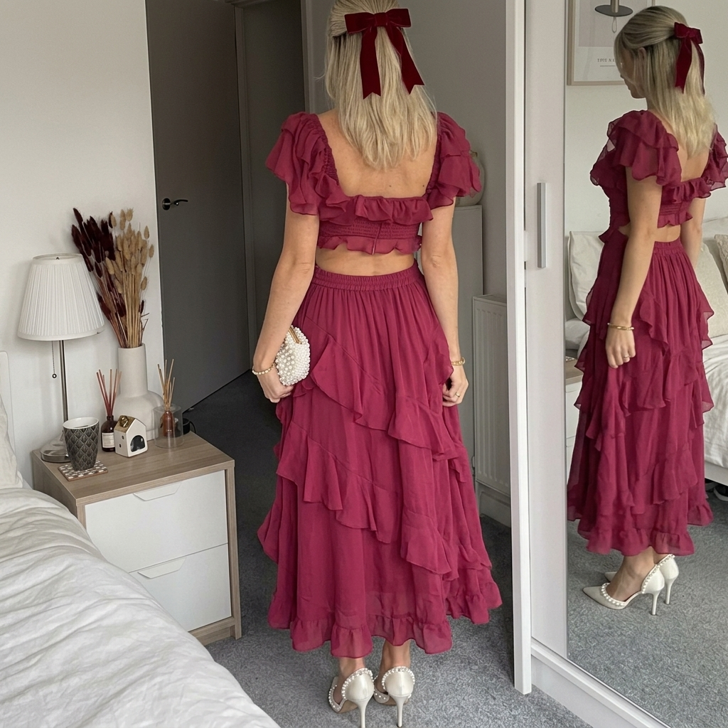 Women's Red Dress with Ruffle & Tiered Skirt | Evening Midi