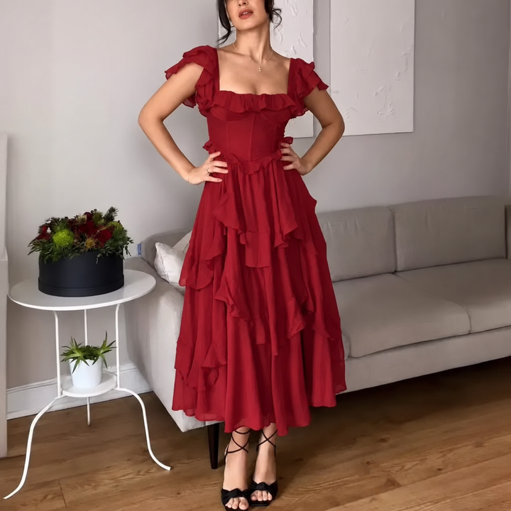 Women's Red Dress with Ruffle & Tiered Skirt | Evening Midi
