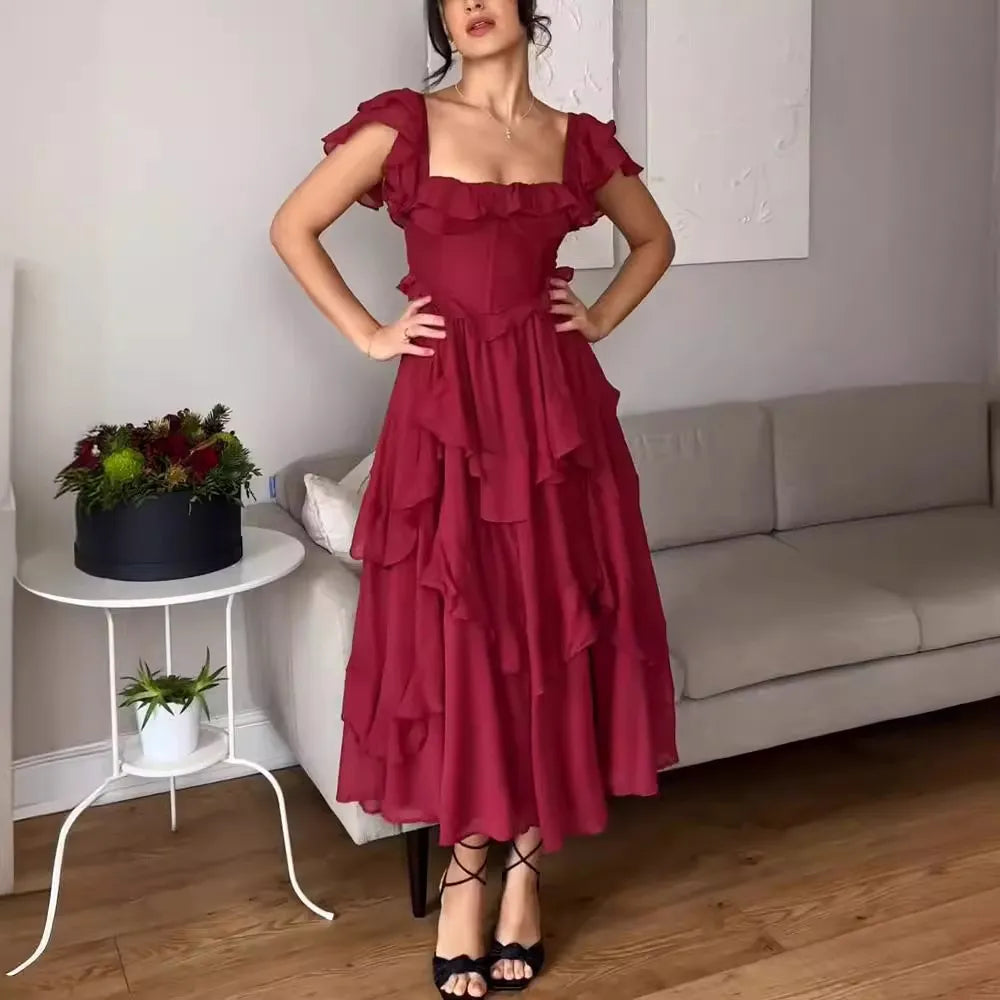 Women's Red Dress with Ruffle & Tiered Skirt | Evening Midi