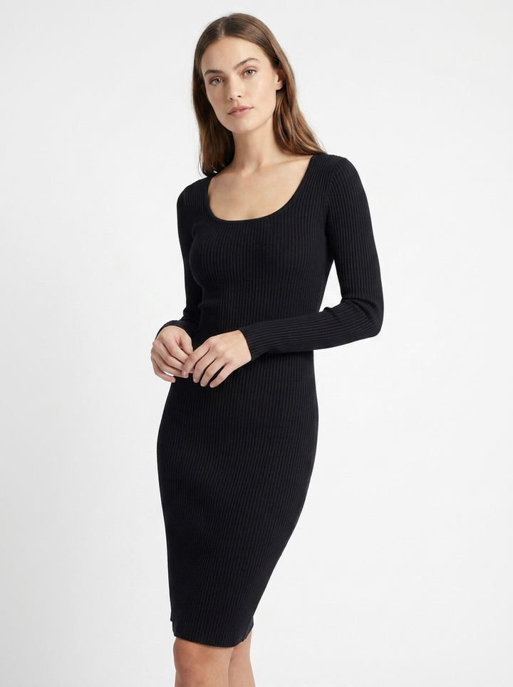 Women's Ribbed Knit Dress with Scoop Neck & Long Sleeve | Midi