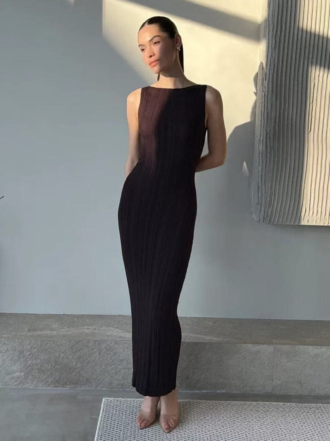 Women's Ribbed Maxi Dress with Round Neck | Sleeveless
