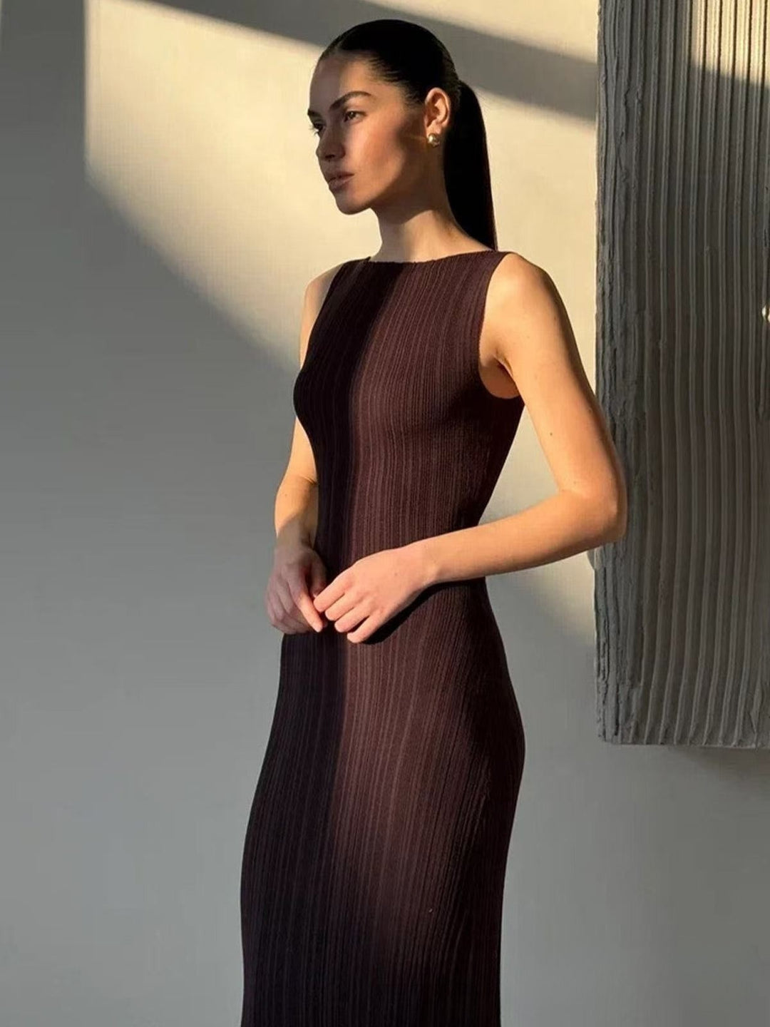 Women's Ribbed Maxi Dress with Round Neck | Sleeveless